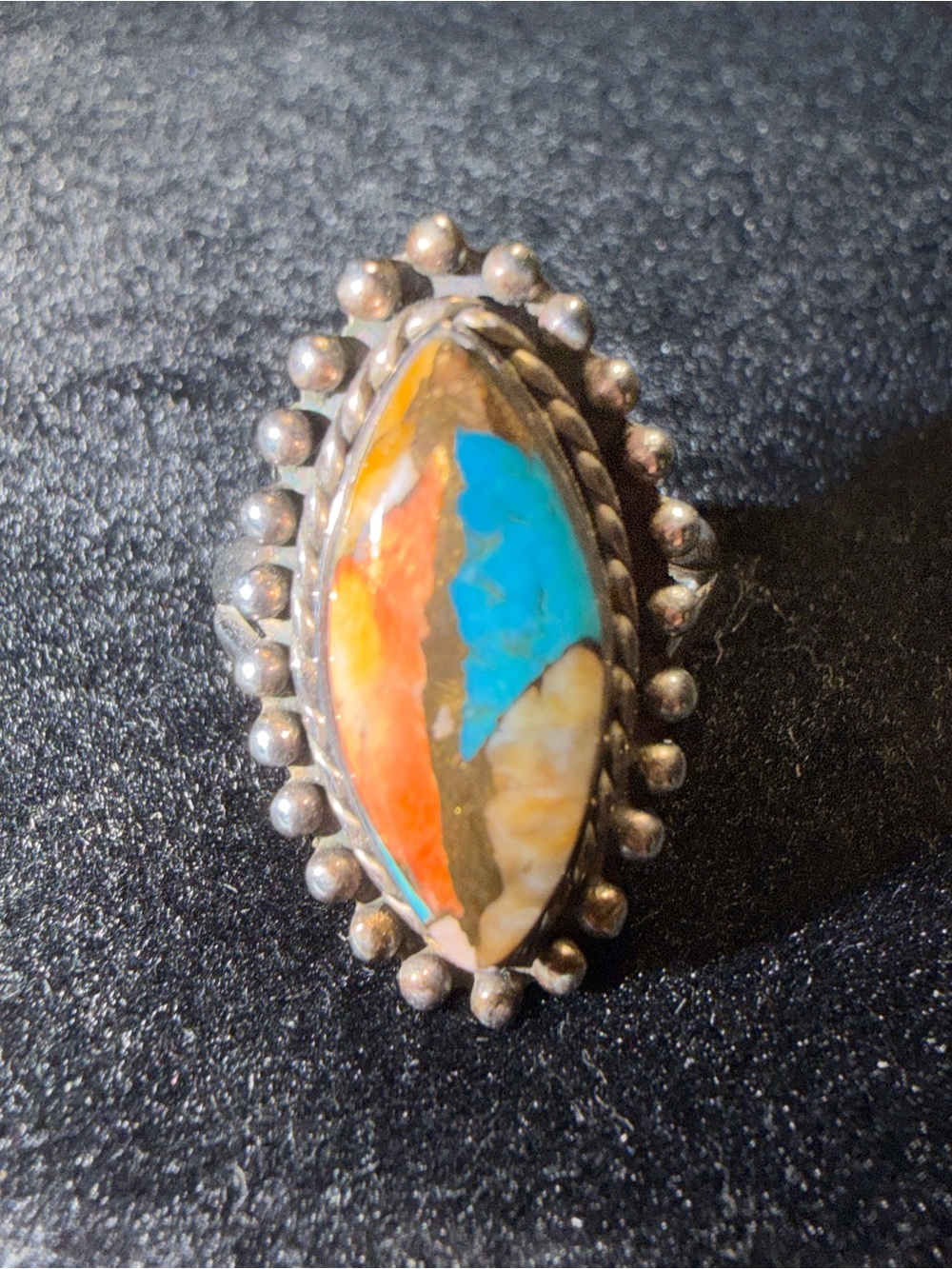 Sterling Silver Turquoise & Spiny Oyster Marquise Statement Ring - Sz 7